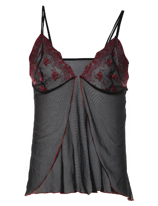 Black & Red Sheer Lace Embroidered Babydoll - S