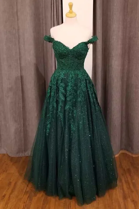 off-the-shoulder dressHunter Green Floral Appliques Off-the-Shoulder A-Line Prom Gown