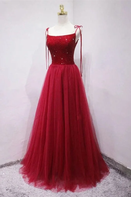 trendy mini dressStraps Red Long Prom Dress with Beaded Bodice