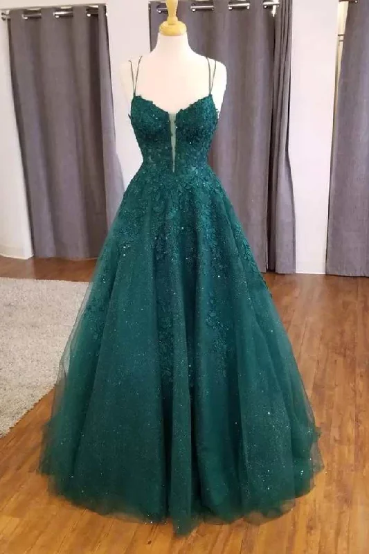 cocktail party dressHunter Green Floral Appliques Straps A-Line Prom Dress