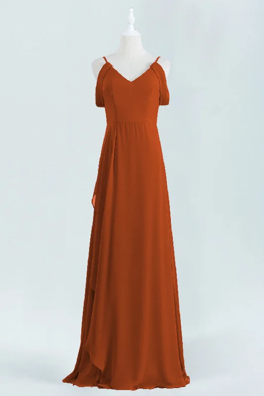 boho-chic dressBurnt Orange A-line Chiffon Long Bridesmaid Dress