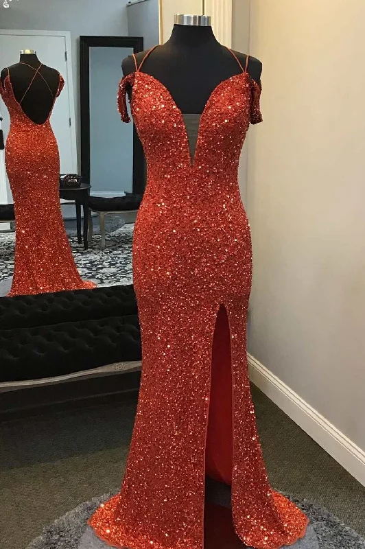 winter dressRed Sequin Off-the-Shoulder Mermaid Long Prom Dress with Slit