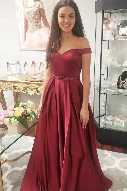 pleated maxi dressElegant Off the Shoulder Burgundy Long Prom Dress Party Dress