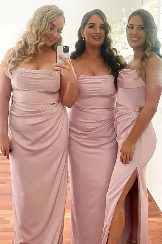 stylish party dressPink Cowl Neck Long Bridesmaid Dress with Slit