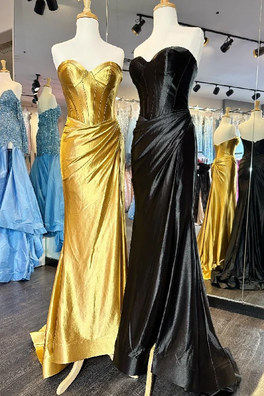 romantic dressGold Strapless Mermaid Satin Long Prom Dress