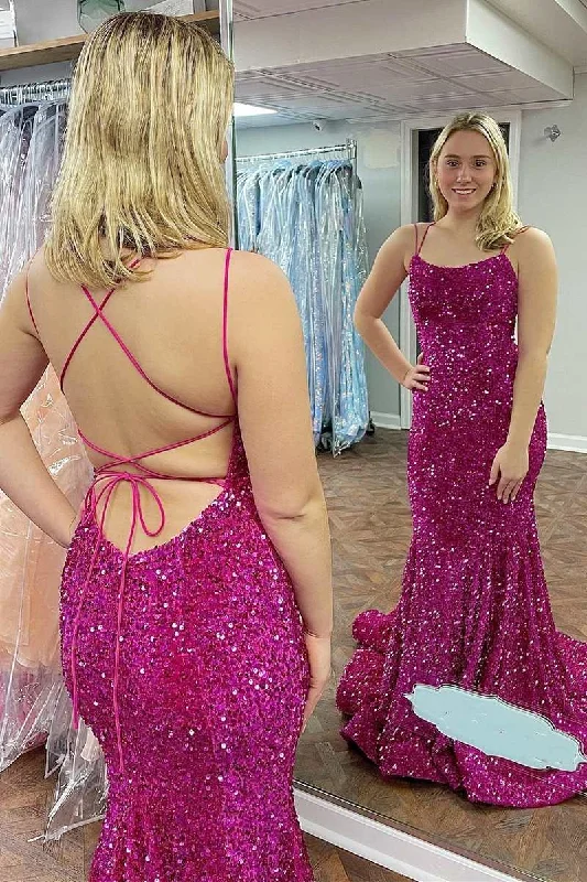 mini dressMagenta Sequin Scoop Neck Lace-Up Mermaid Long Formal Dress