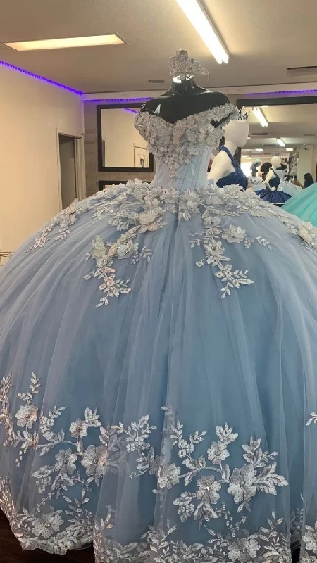 fitted dressFairy Blue Princess Prom Dress Tulle Appliques Ball Gown Quinceanera Dress Y7838