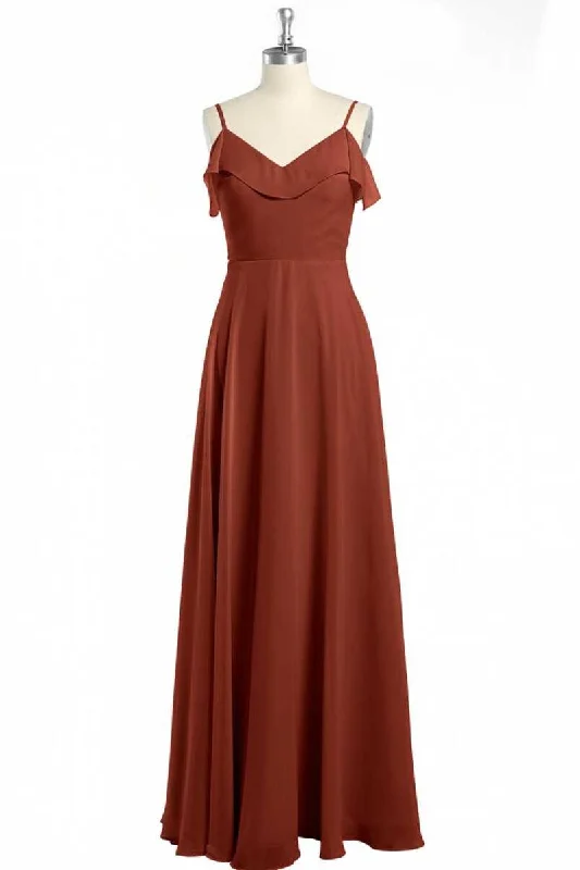 cocktail dressRust Orange Chiffon Straps Ruffled A-Line Bridesmaid Dress