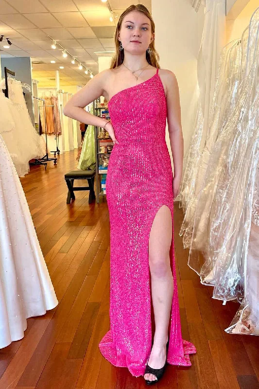 structured dressHot Pink Sequins One-Shoulder Long Prom Dress with Slit