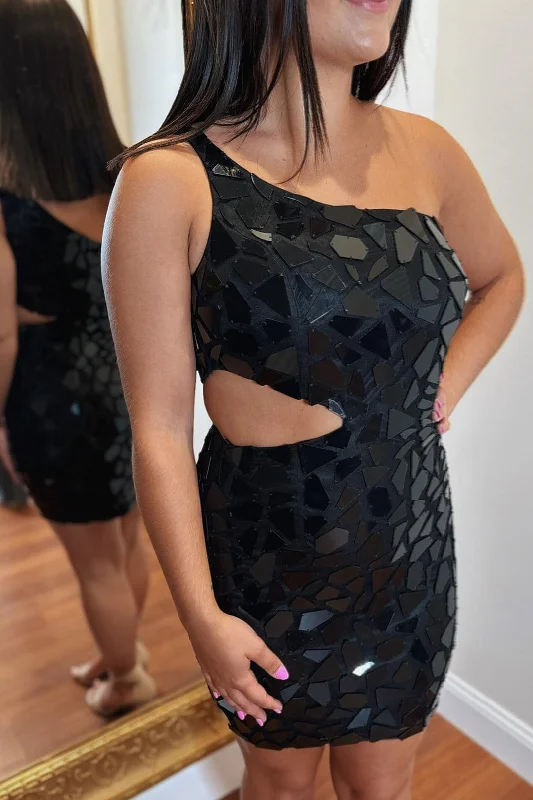 fitted cocktail dressBlack One Shoulder Mirror-Cut Sequins Sheath Cut-Out Homecoming Dress