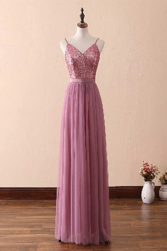 chic wrap dressDusty Purple Sequin Spaghetti Straps A-Line Long Bridesmaid Dress