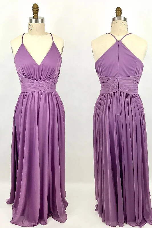 draped dressPurple Straps A-line Long Bridesmaid Dress