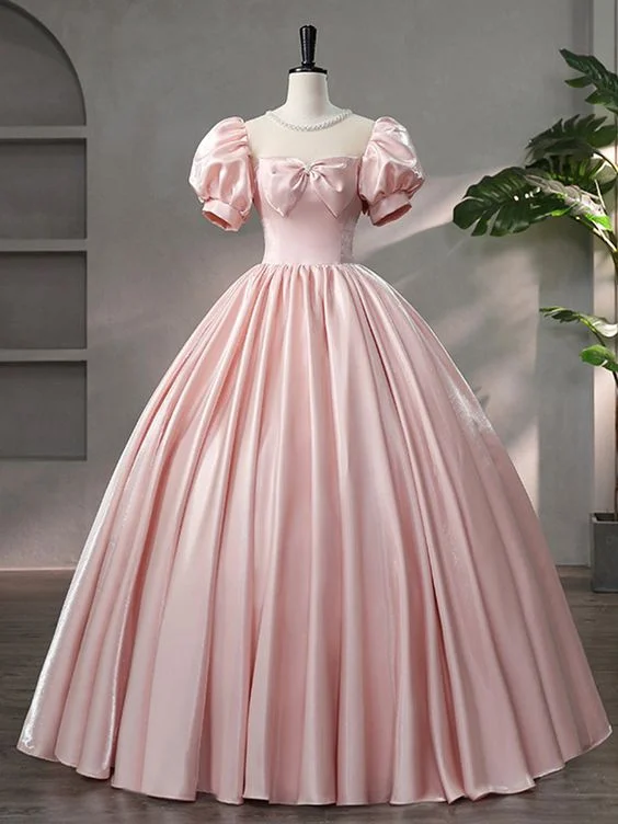 minimalistic dressBeautiful Pink Scoop Neck Satin Floor Length Prom Dress, A-Line Short Sleeve Evening Dress with Bow Y6082