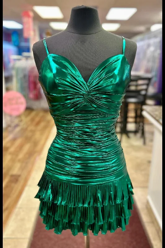 cocktail party dressKnotted Green Metallic Tight Short Dress with Ruffles