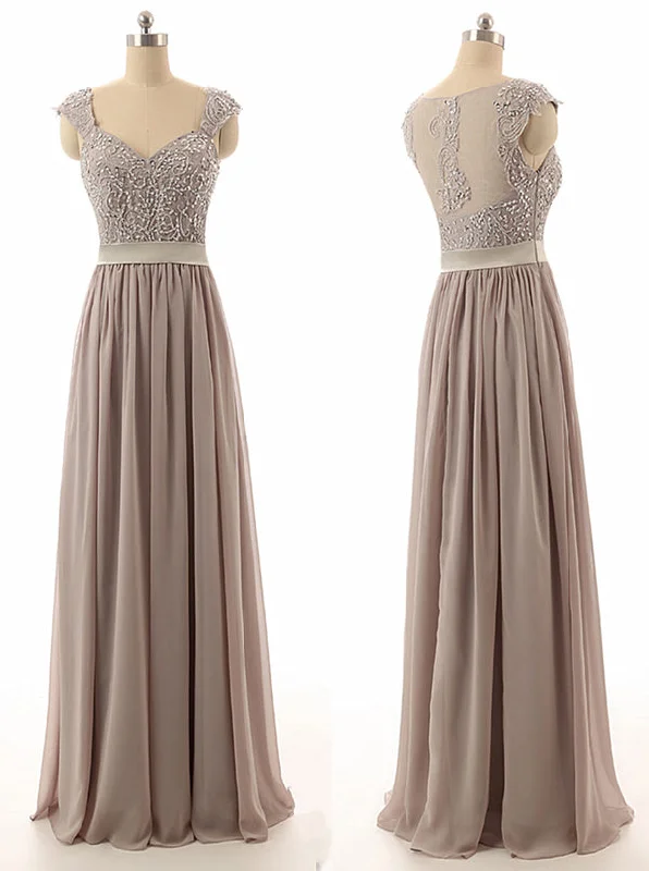 layered dressHot Selling Cap Sleeves Beaded Floor Length Taupe Bridesmaid Dress