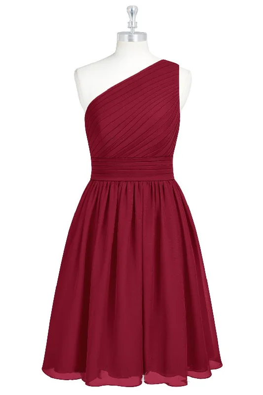 fitted bodycon dressWine Red Chiffon One-Shoulder Gathered Short Bridesmaid Dress