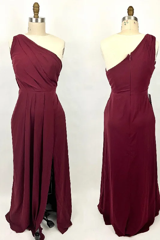 cocktail party dressRuched Wine Red One Shoulder A-line Long Bridesmaid Dress