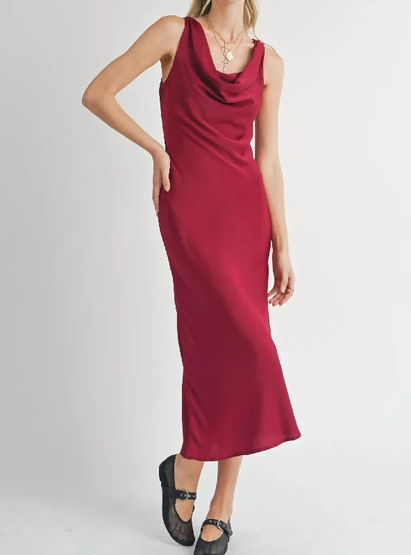 elegant shift dressSweet Treat Cowl Neck Midi Dress In Red