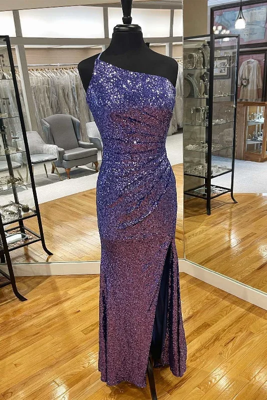 evening dressDark Purple Sequin One-Shoulder Long Prom Dress with Slit