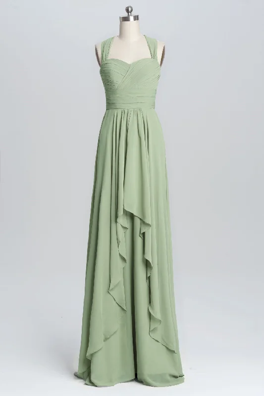 luxury dressHalter Sage Pleated Ruffles Long Bridesmaid Dress