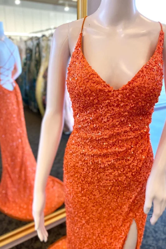 casual summer dressOrange Sequin Lace-Up Mermaid Long Formal Dress with Slit