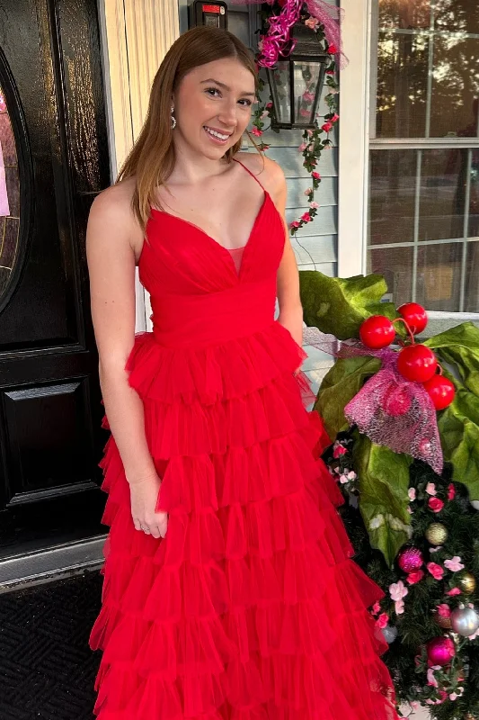 casual day dressRed Layers A-line Plunging V Neck Long Prom Dress