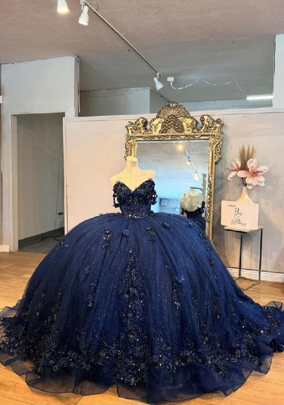 evening dressBeautiful Navy Blue Tulle Appliques Prom Dress Shiny Birthday Ball Gown Y7837