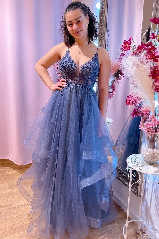 sophisticated dressBlue Deep V Neck Beaded Appliques Multi-Layers Long Prom Dress