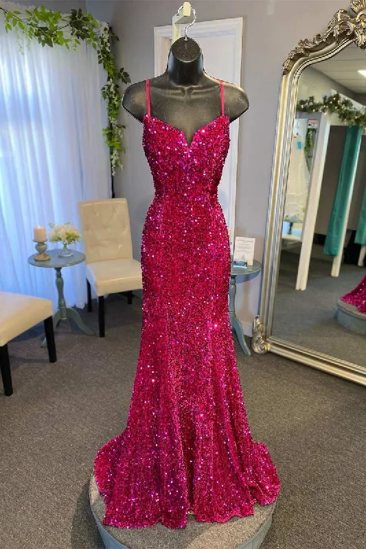 backless dressMagenta Sequin Split Neck Mermaid Long Prom Dress