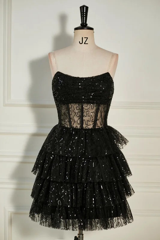 casual day dressBlack Strapless Beaded Multi-Layers Homecoming Dress