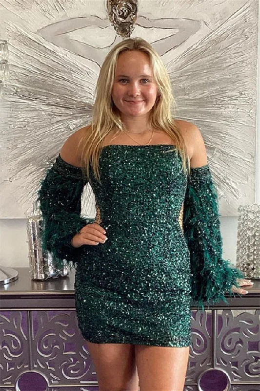 A-line dressHunter Green Strapless Sequins Feathers Homecoming Dress with Detachable Sleeves