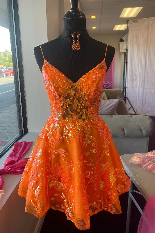 comfy maxi dressOrange A-line V Neck Straps Sequins-Embroidered Homecoming Dress