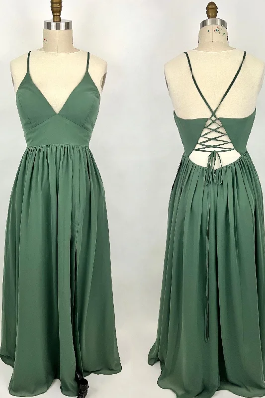 long sleeve dressStraps Green A-line Long Formal Dress with Lace Up Back