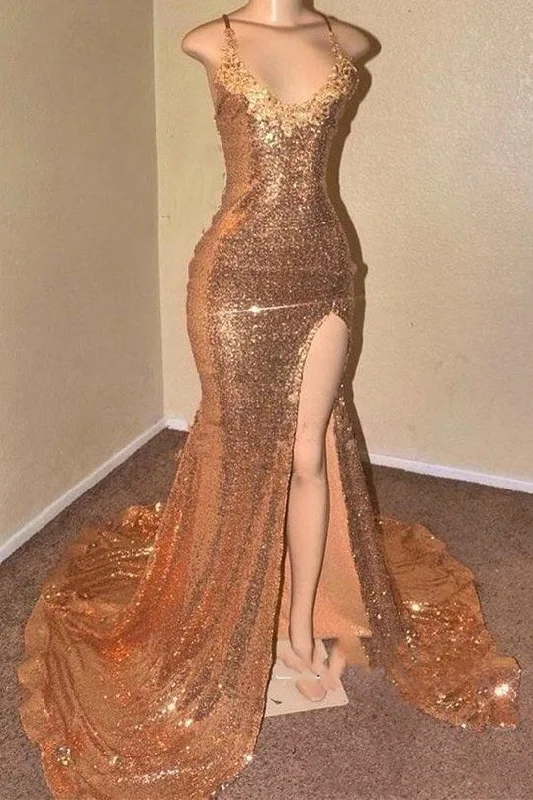 printed dressSexy Backless Gold Sequins Split Train Prom Dress