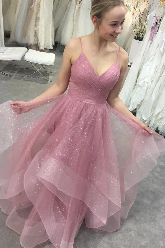 A-line dressGlitter Straps Ruffled Pink Long Prom Dress