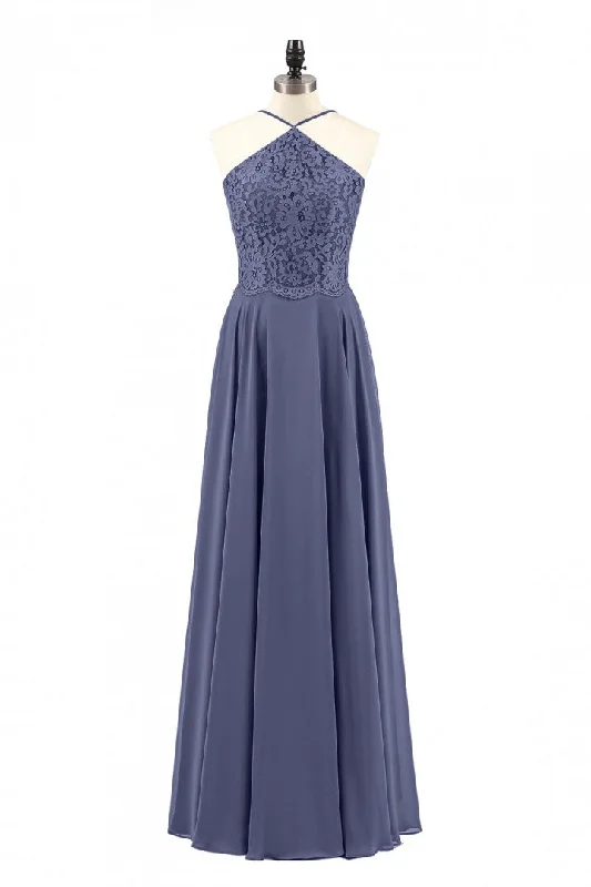 off-shoulder dressNavy Blue Chiffon Halter Backless A-Line Long Bridesmaid Dress