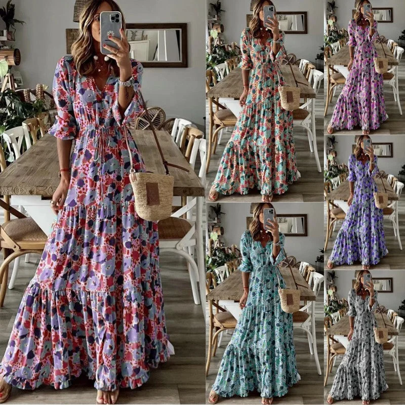 comfy maxi dressEuropean And American Women's Temperament Vacation V-neck Printing Swing Long Dress