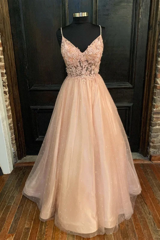 sleek midi dressBlush Pink Appliques Straps V Neck A-line Long Prom Dress