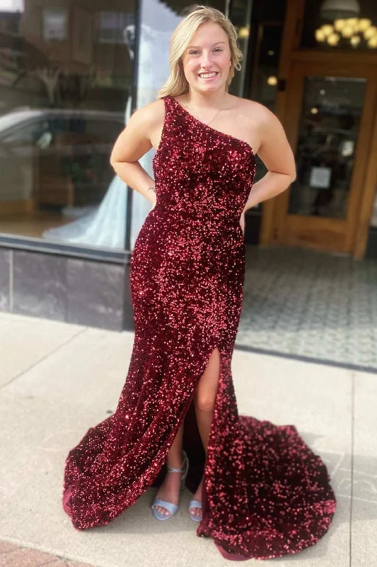 flowy maxi dressWine Red Sequin One-Shoulder Long Prom Gown with Slit