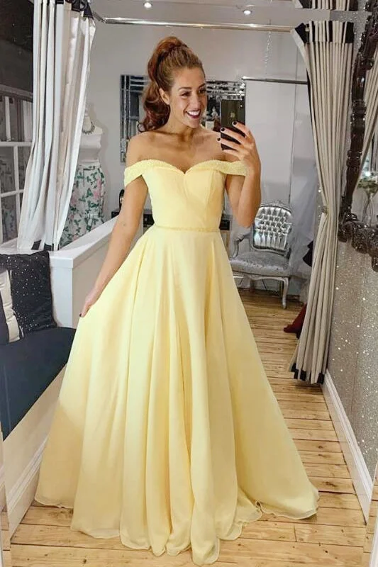 denim dressElegant Off Shoulder A-Line Yellow Long Prom Dress