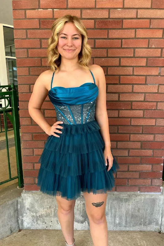 party-ready dressPeacock Corset A-line Ruffle Short Homecoming Dress