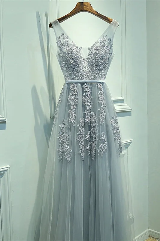 knit dressA-line Tulle Grey Long Prom Dress