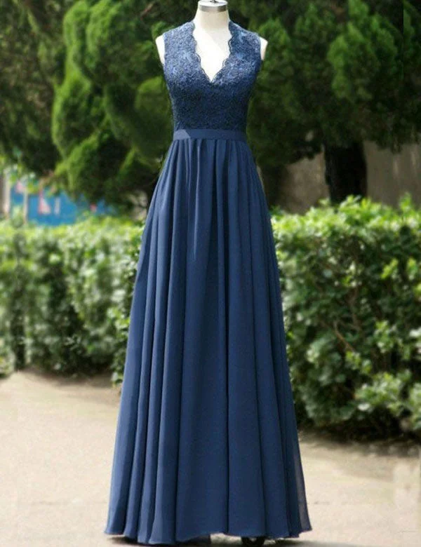 shift dressModest A-Line Navy Blue Long Chiffon Bridesmaid Dress