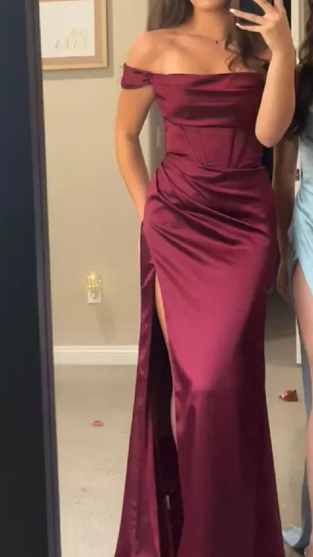 casual slip dressBurgundy Satin Off The Shoulder Slit Prom Dress Evening Dress Y7831