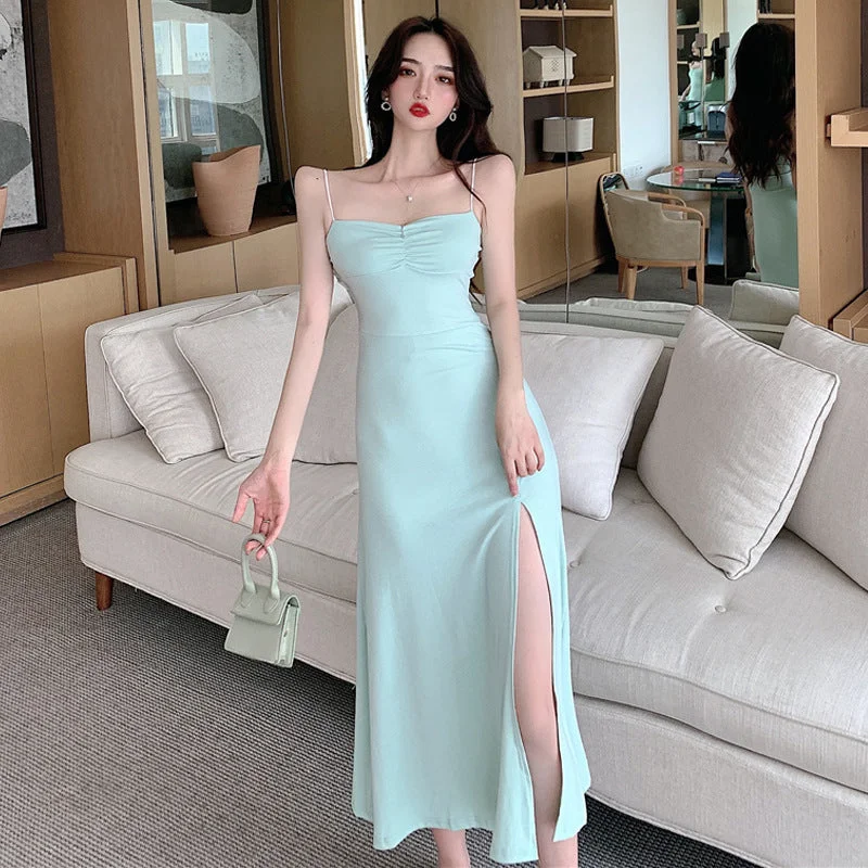 casual knit dressSlim-fit Sling Long Slit Dress Women