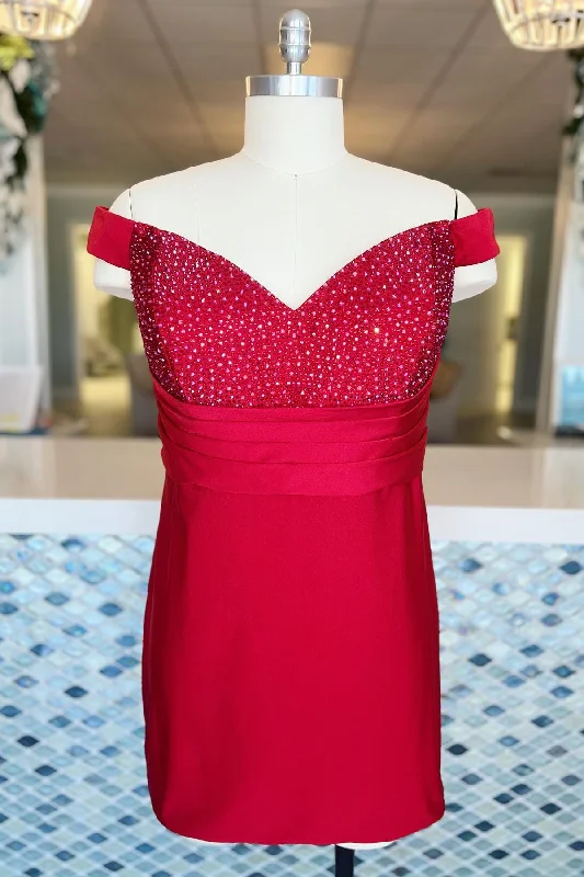 bodycon dressRed Beaded Off-the-Shoulder Sheath Satin Homecoming Dress