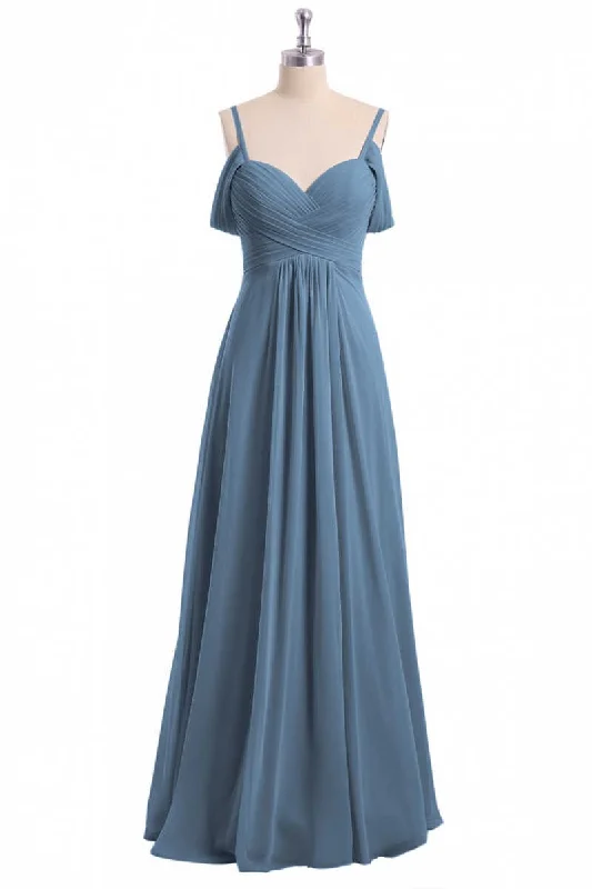 luxury dressDusty Blue Chiffon Cold Shoulder A-Line Long Bridesmaid Dress