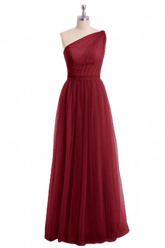 chic dressWine Red Tulle One-Shoulder A-Line Bridesmaid Dress