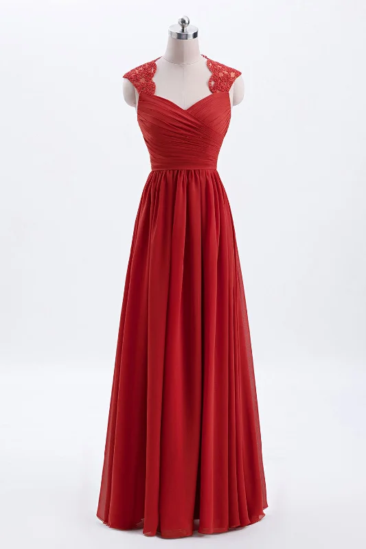 off-shoulder dressElegant Red Chiffon Pleated A-line Long Bridesmaid Dress