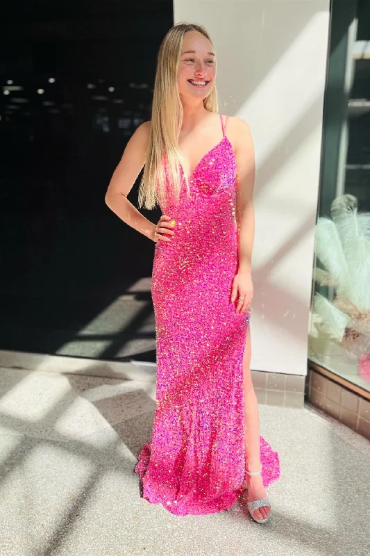 boho dressFuchsia V Neck Double Straps Sequins Cut-Out Long Prom Dress with Slit